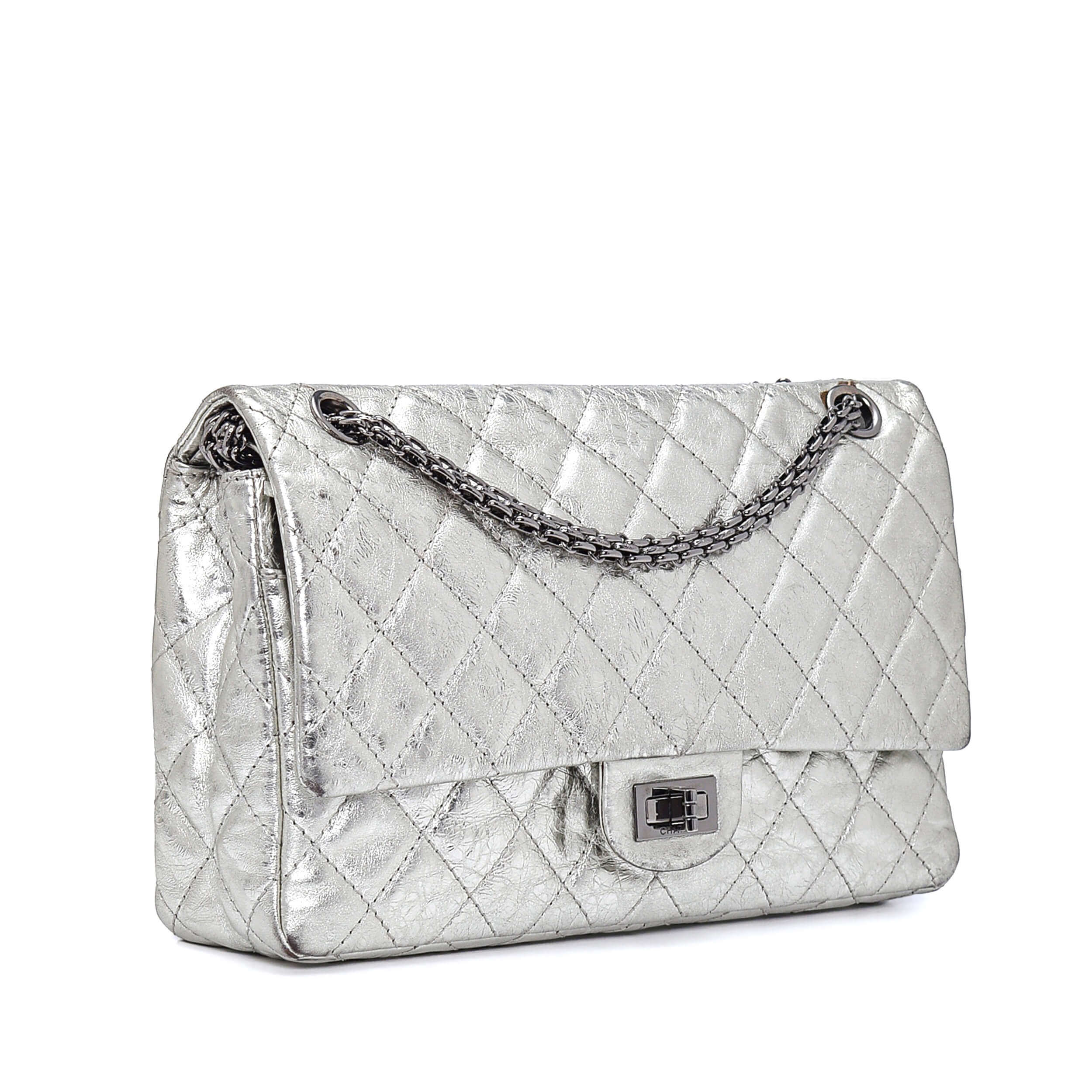 Chanel - Metallic Silver Quilted Lambskin Leather 2.55 Double Flap Bag 